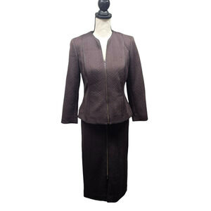 Doncaster Suit Midi Skirt Jacket Zip Up Womens size 4 Leather Trim Office Siren